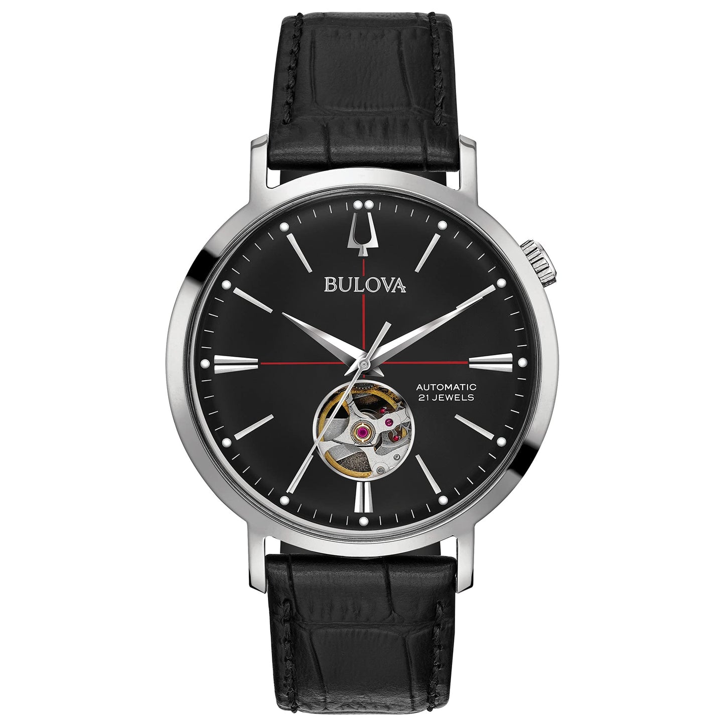 HOTBulova Men's Classic Aerojet 3-Hand Automatic Leather Strap Watch, Open Aperture, 40-Hour Power Reserve, Double Curved Mineral Crystal, 41mm