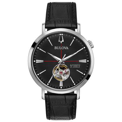 HOTBulova Men's Classic Aerojet 3-Hand Automatic Leather Strap Watch, Open Aperture, 40-Hour Power Reserve, Double Curved Mineral Crystal, 41mm