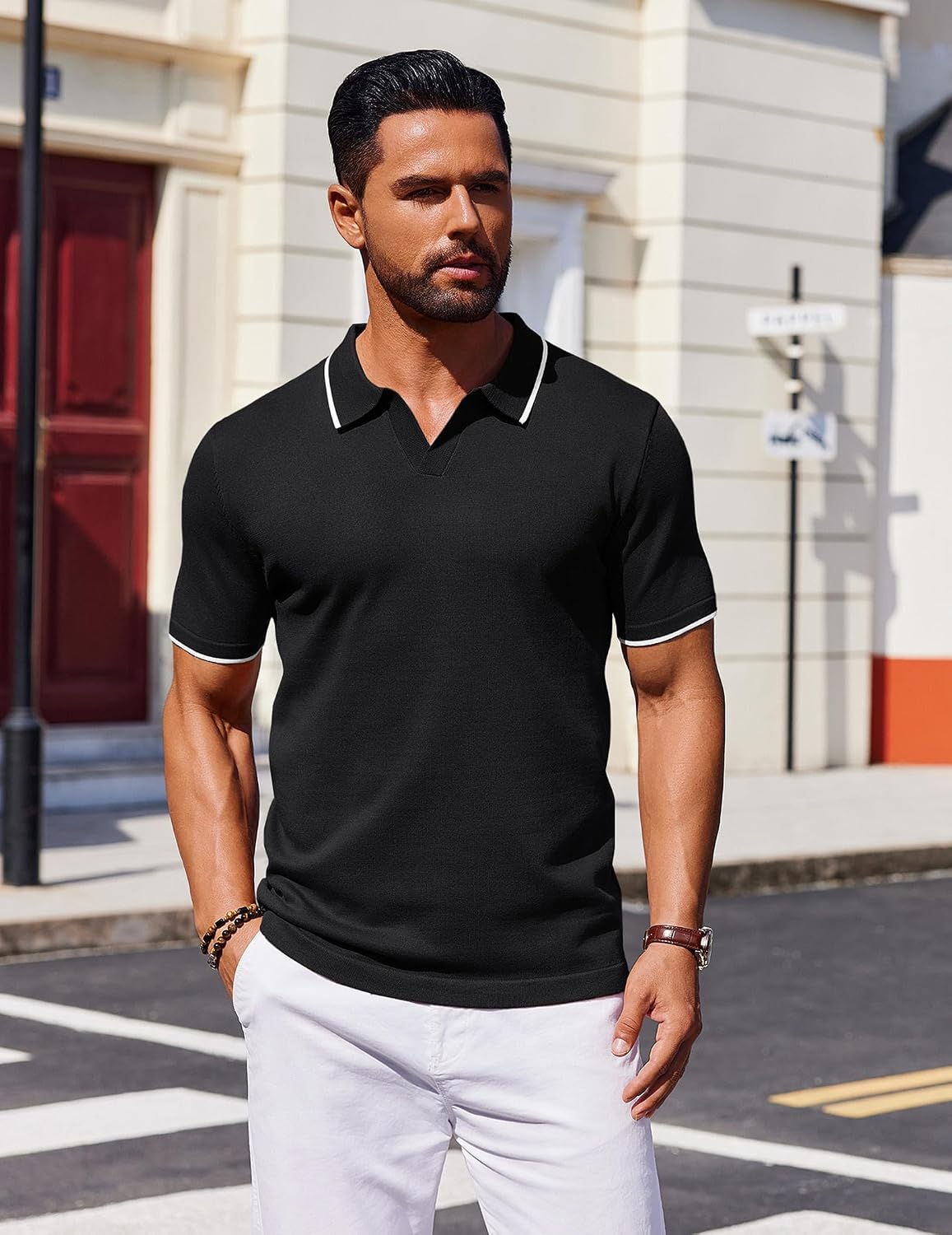 HOTCOOFANDY Mens Polo Shirts Short Sleeve Casual Knit Polo Shirt Vintage Golf T Shirts Old Money Tops