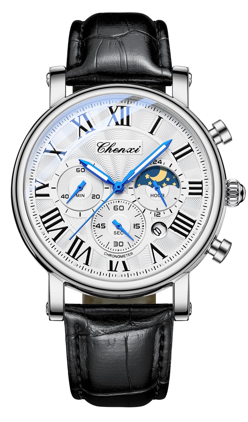 HOTFANMIS Men's Classic Watches Multifunctional Analog Watch Business Dress Waterproof Luminous Chronograph Starry Sky Moon Phase Leather Wristwatch