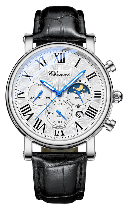 HOTFANMIS Men's Classic Watches Multifunctional Analog Watch Business Dress Waterproof Luminous Chronograph Starry Sky Moon Phase Leather Wristwatch