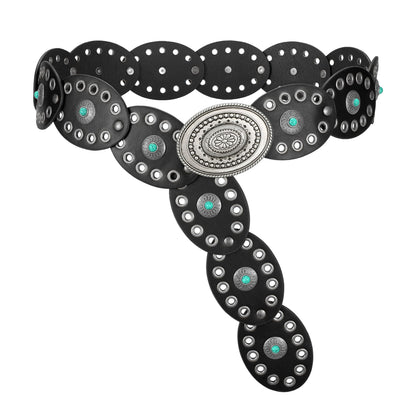 HOTTRIWORKS Western Belts for Women Wide Cowgirl Disc Belt with Turquoise Boho Concho Leather Belt Country Belt for Dress