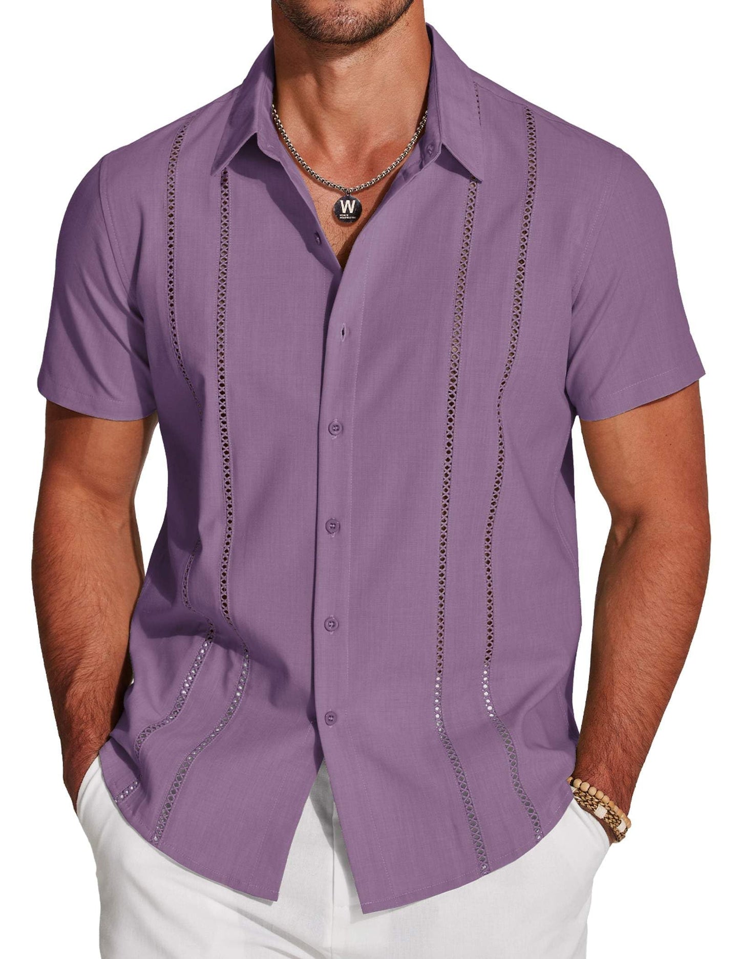 HOTCOOFANDY Men's Cuban Guayabera Shirt Short Sleeve Button Down Shirts Casual Summer Beach Linen Shirts