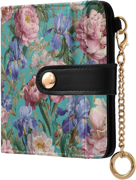 HOTElegant Peonies and Irises Rfid Women Wallet 1 Pack Cute Coin Purse PU Leather Small Wallets Credit Card Holder Bifold Zipper Thin Travel Wallet for Female Ladies Teen Girls Girly