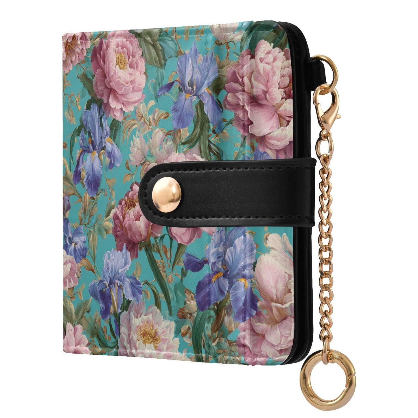 HOTElegant Peonies and Irises Rfid Women Wallet 1 Pack Cute Coin Purse PU Leather Small Wallets Credit Card Holder Bifold Zipper Thin Travel Wallet for Female Ladies Teen Girls Girly