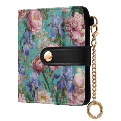 HOTElegant Peonies and Irises Rfid Women Wallet 1 Pack Cute Coin Purse PU Leather Small Wallets Credit Card Holder Bifold Zipper Thin Travel Wallet for Female Ladies Teen Girls Girly