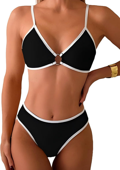 HOTTainehs Women's Two Piece Bikini Sets O Ring Front Top Ditsy Floral Triangle Swimsuits Cheeky Bathing Suit