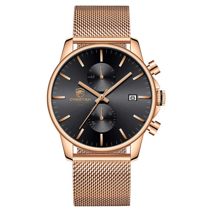 HOTGOLDEN HOUR Mens Watch Fashion Sleek Minimalist Quartz Analog Mesh Stainless Steel Waterproof Chronograph Watches for Men with Auto Date
