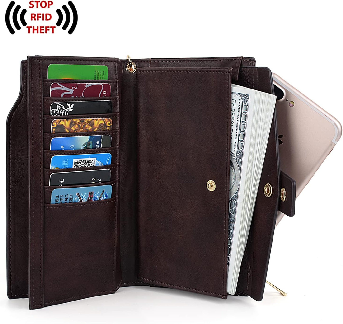 HOTUTO Wallet Women Vegan Leather Wristlet Snap Long Purse Credit Card Holder Elegant Clutch