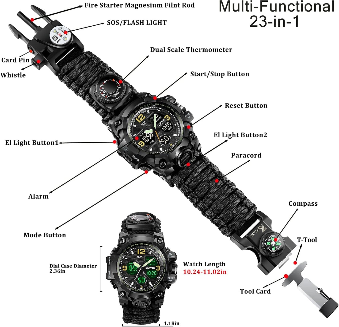 HOTMens Tactical Military Digital Watch, 23-in-1 Survival Multi-Functional Army Outdoors Waterproof Camouflage Sports Watches Dual Display Analog LED Electronic Wristwatches with Compass Paracord Band