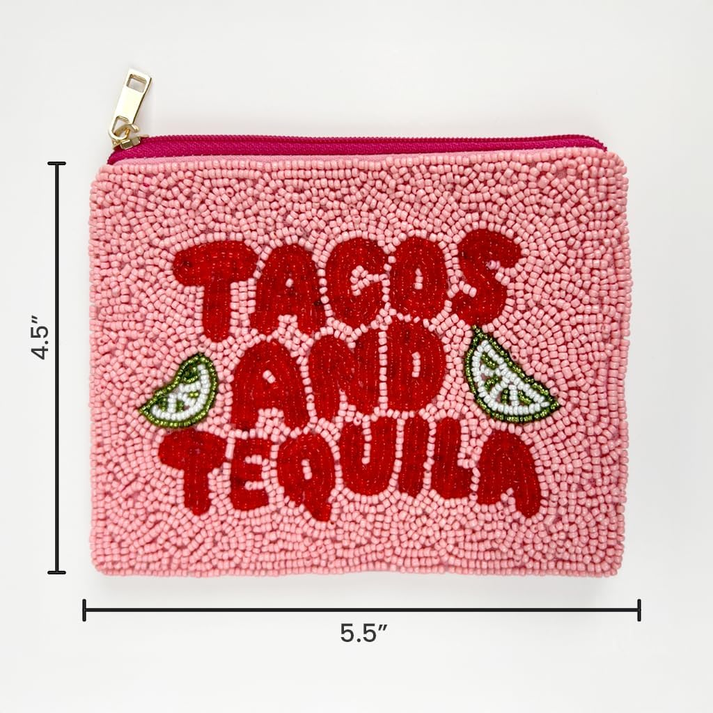 HOTBeaded Coin Purse Change Zipper Pouch Wallet Tacos & Tequila | Handmade Beadwork, Compact Organizer, Cash Holder, Card Storage, Makeup Pouch, Giftable Accessory, Everyday Carry
