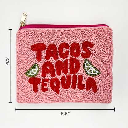 HOTBeaded Coin Purse Change Zipper Pouch Wallet Tacos & Tequila | Handmade Beadwork, Compact Organizer, Cash Holder, Card Storage, Makeup Pouch, Giftable Accessory, Everyday Carry