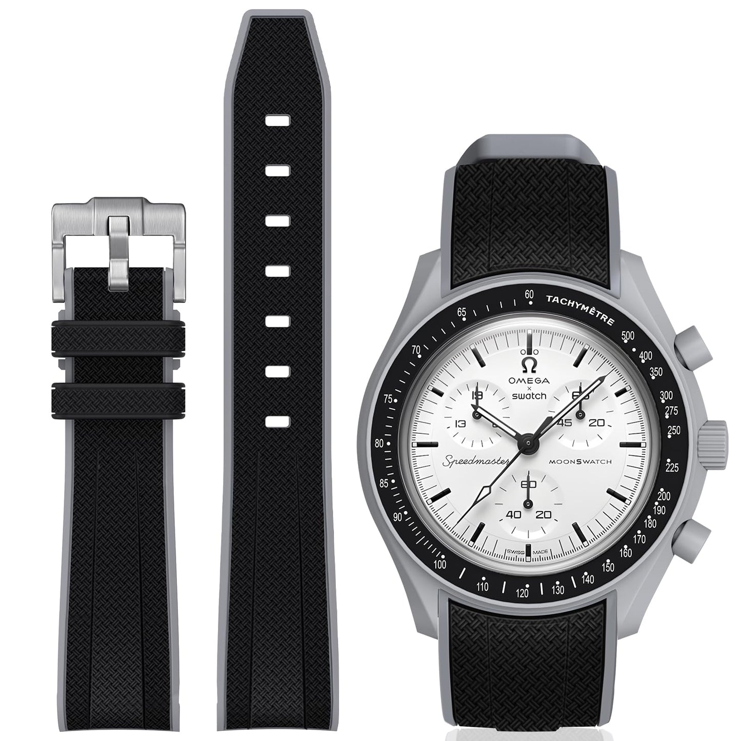 HOTStanchev Bands for Moonswatch Watch,Curved No Gap Soft Silicone Strap for Omega X Swatch Speedmaster 20mm Watch,Swatch Omega Moonswatch Speedmaster Replacement Strap Men Women (Black)