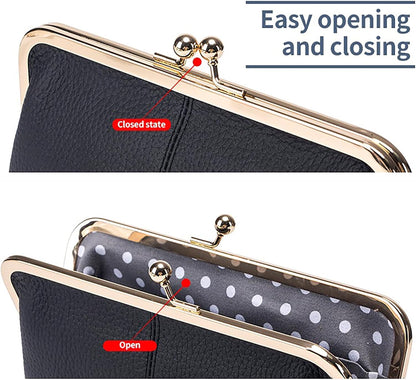HOTVintage Kiss Lock Leather Wallet for Women, Clutch, Orange | Genuine Leather, Multi-card Slots Card Holder Clutch Purse Travel Wallet