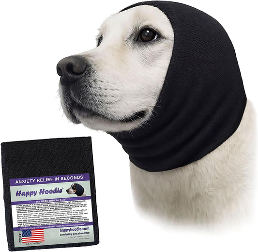 HOTHappy Hoodie The Original Dog & Cat Calming Band - American Brand - Anxiety Relief/Noise Protection - Grooming - Thunder - Fireworks (Large, Black) - Since 2008