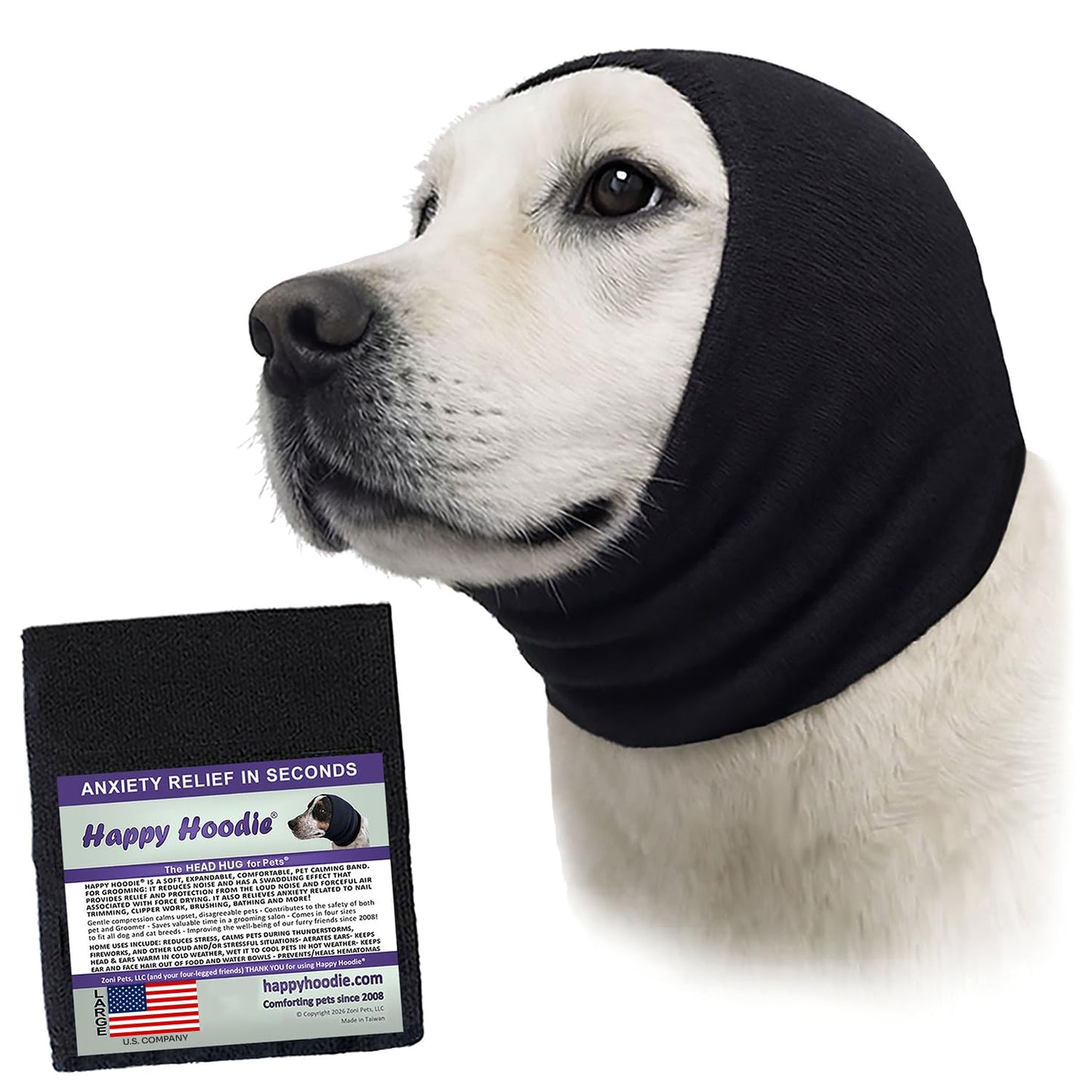 HOTHappy Hoodie The Original Dog & Cat Calming Band - American Brand - Anxiety Relief/Noise Protection - Grooming - Thunder - Fireworks (Black) - Since 2008, Large (Pack of 2)