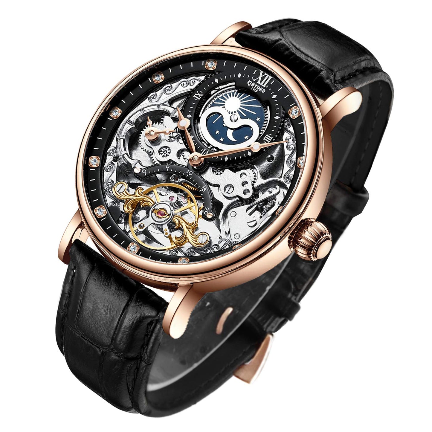 HOTIK COLOURING Bestn Mens Luxury Skeleton Automatic Mechanical Wrist Watches Leather Moon Phrase Luminous Hands Self-Wind Watch