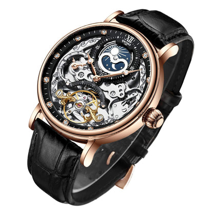 HOTIK COLOURING Bestn Mens Luxury Skeleton Automatic Mechanical Wrist Watches Leather Moon Phrase Luminous Hands Self-Wind Watch