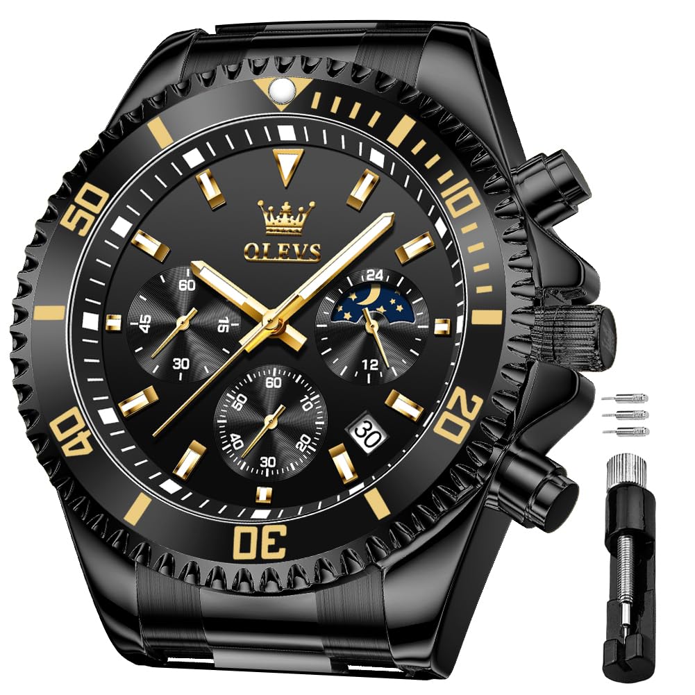 HOTOLEVS Men's Waterproof Watches Stainless Steel Waterproof Chronograph Wrist Watches Luxury Dress White Luminous Big Face Analog Quartz Male Watches