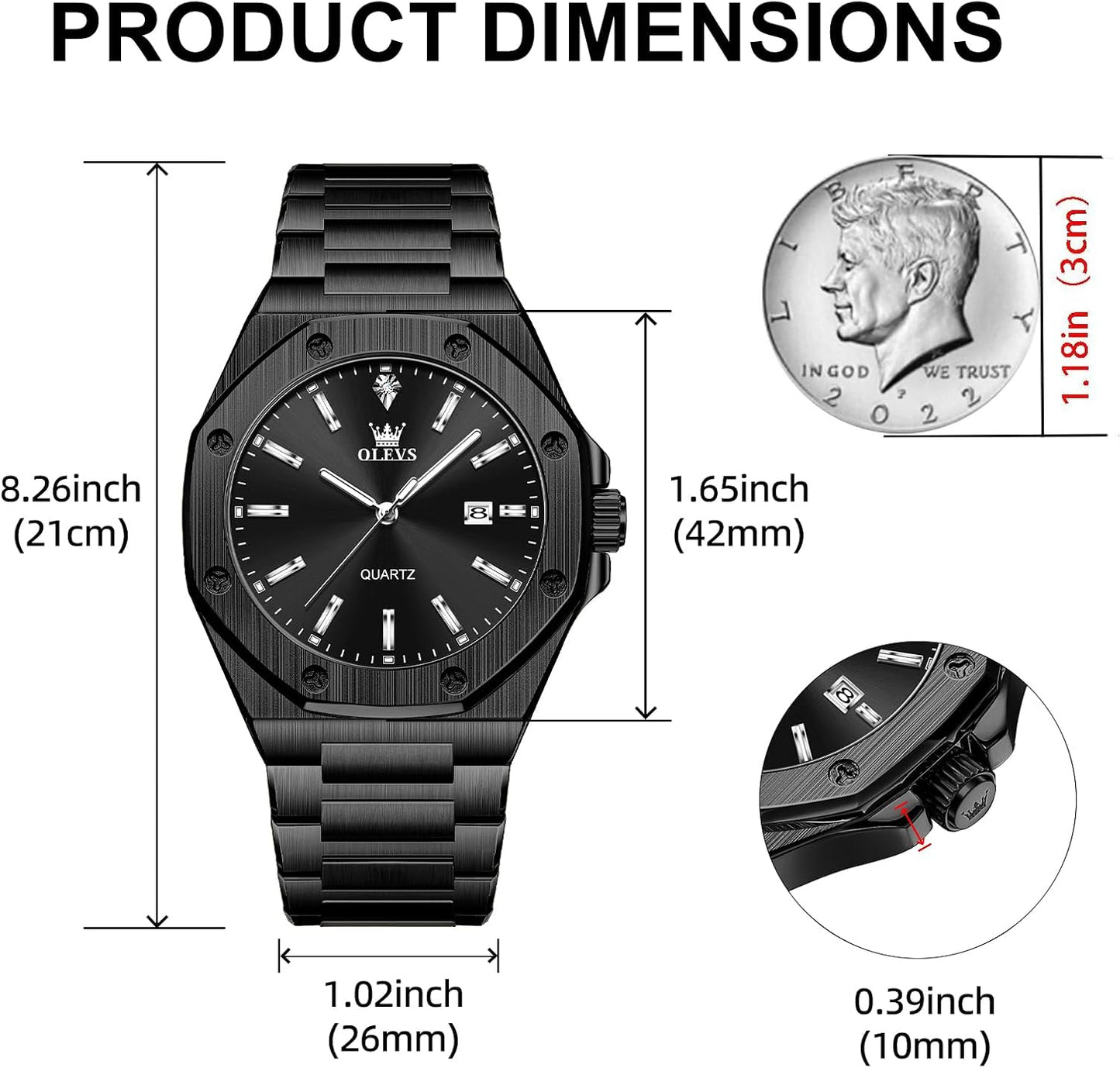 HOTOLEVS Mens Watches Octagonal Luxury Stainless Steel Dress Watches for Men Quartz Analog Large Face Luminous Relojes para Hombres