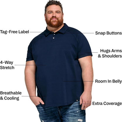 HOTSTRONGSIZE Big and Tall Polo Shirts for Men – Golf Shirt with Snap Buttons | Longer Length Shirt with Curved Hem