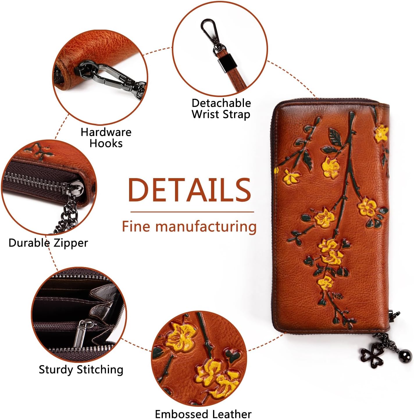 HOTWallet Genuine Leather for Women - with RFID Blocking Card checkbook ID Slot Large Capacity Vintage style (flower brown)