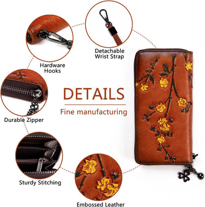 HOTWallet Genuine Leather for Women - with RFID Blocking Card checkbook ID Slot Large Capacity Vintage style (flower brown)