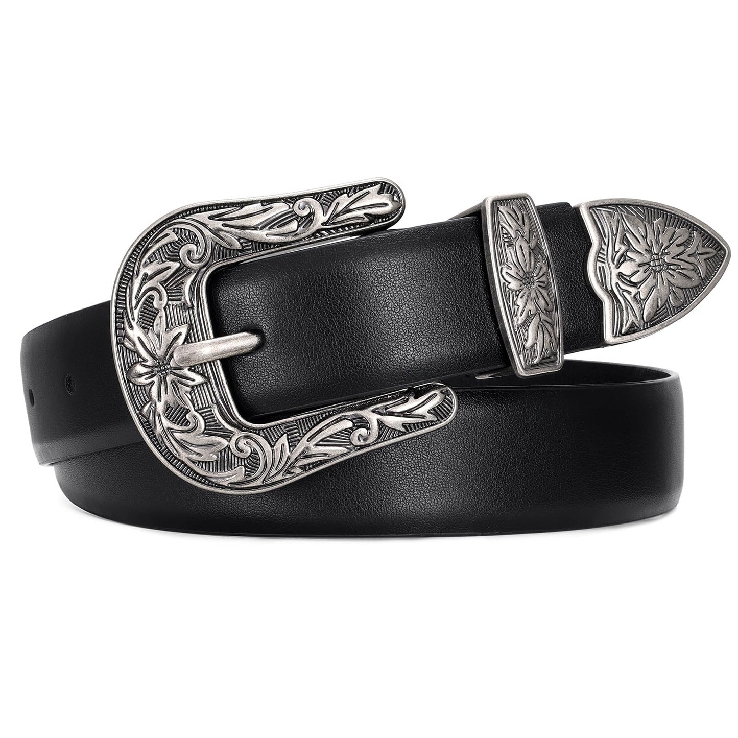 HOTJASGOOD Women Leather Belts Ladies Vintage Western Design Black Waist Belt for Pants Jeans Dresses