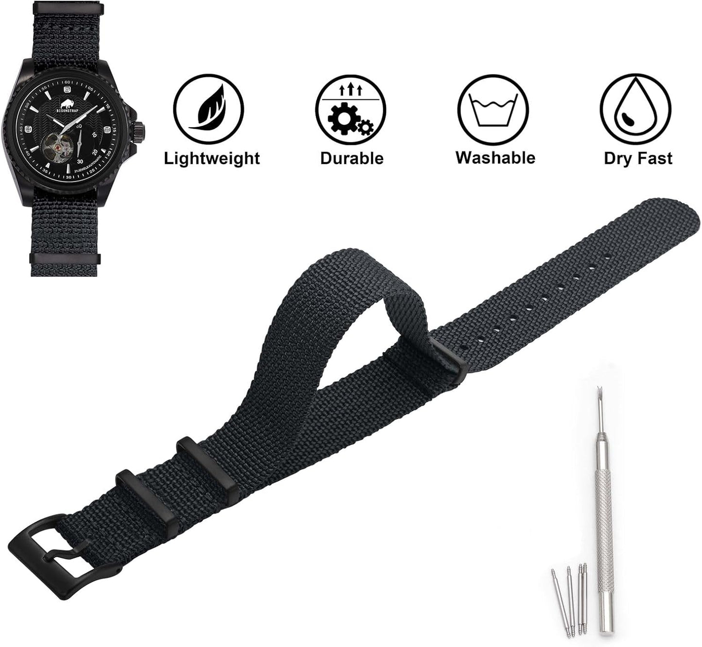 HOTBISONSTRAP Nylon Watch Bands for Men, One-Piece Military Watch Straps, 18mm 20mm 22mm