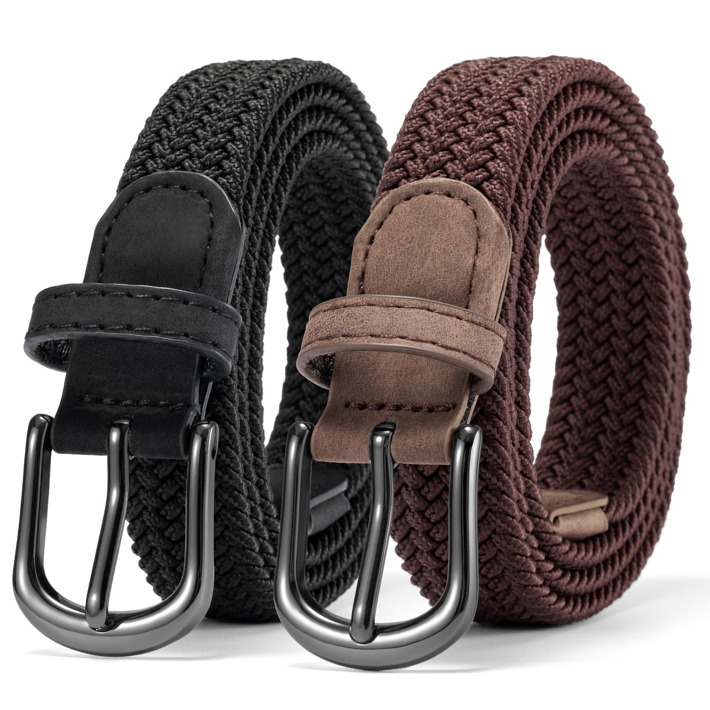 HOT2 Pack Braided Belt for Women, Elastic Woven Stretch Fabric Cloth Belt with Gold Buckle