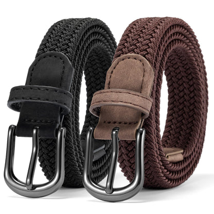 HOT2 Pack Braided Belt for Women, Elastic Woven Stretch Fabric Cloth Belt with Gold Buckle