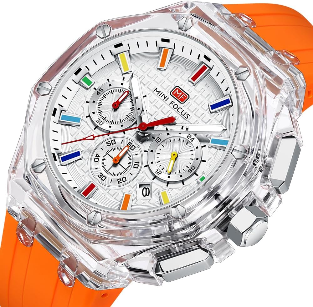 HOTMASTOP Men Watches Multifunction Transparent Analog Display Orange Silicone Strap Calendar Chronograph Luminous Quartz Waterproof Trend Wrist Watches for Men Colorful Cool Dress Watch