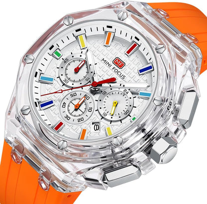 HOTMASTOP Men Watches Multifunction Transparent Analog Display Orange Silicone Strap Calendar Chronograph Luminous Quartz Waterproof Trend Wrist Watches for Men Colorful Cool Dress Watch