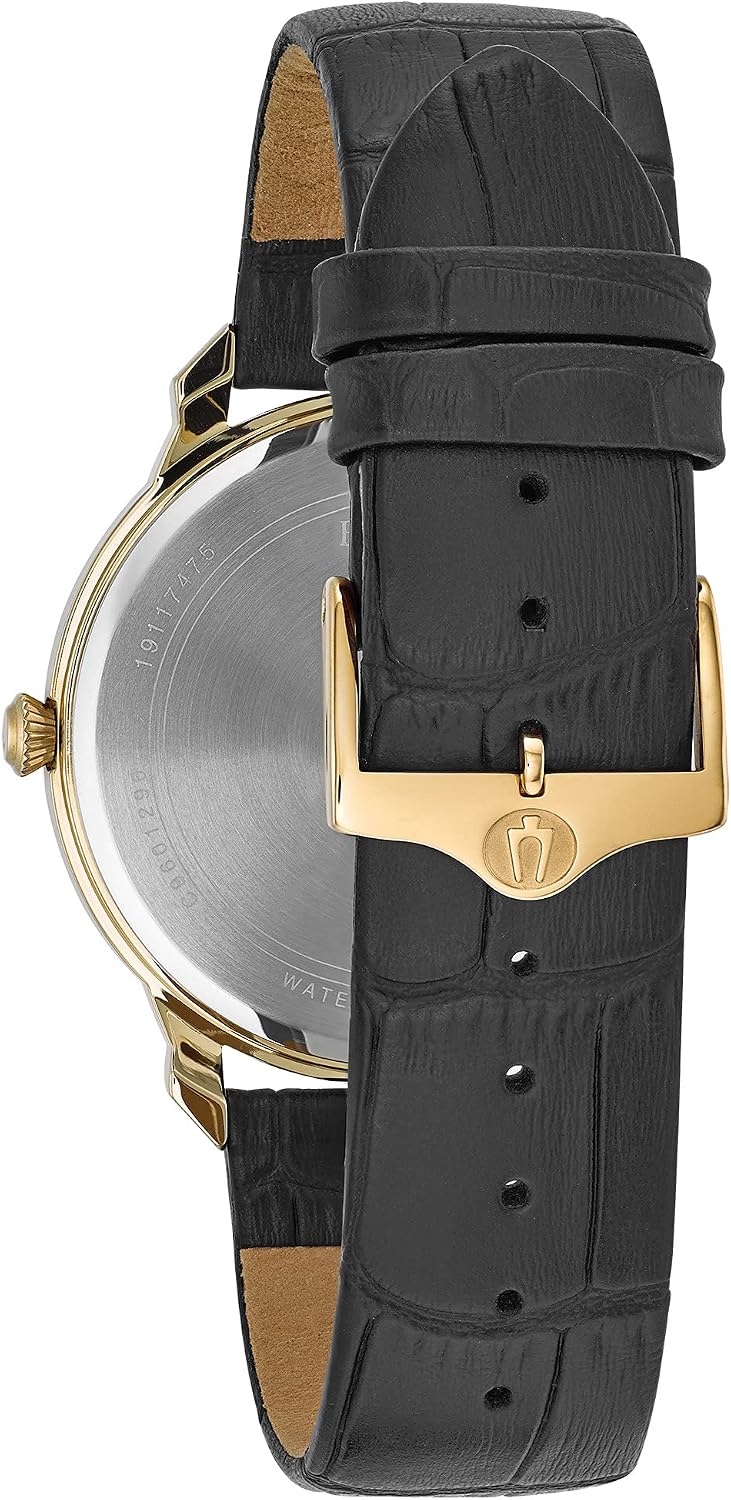 HOTBulova Men's Classic 3-Hand Quartz Black Leather Strap Watch, Roman Numeral Markers, 41mm