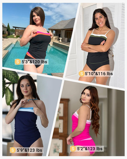 HOTDaci Women Strapless Tankini Tummy Control 2 Piece Bandeau Swimsuit | Full Coverage,Removable&Adjustable Straps,Built-in Soft Unremovable Bra,Ruched Tummy Control,Mid Waist Bottom,Fully Lined
