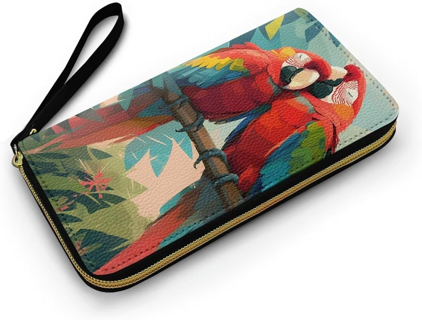 HOTMacaw Bird Lover Print Womens Wallet Leather Zip Around Wallet Tropical Forest Scarlet Macaw Parrot Long PU Leather Card Organizer Clutch with Wristlet