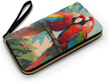 HOTMacaw Bird Lover Print Womens Wallet Leather Zip Around Wallet Tropical Forest Scarlet Macaw Parrot Long PU Leather Card Organizer Clutch with Wristlet