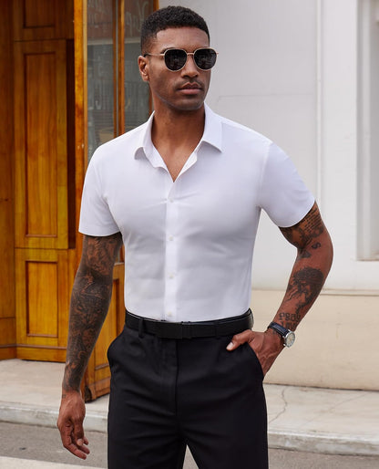 HOTLion Nardo Stretch Dress Shirts for Men Short Sleeve Slim Fit Casual Button Down Shirts Muscle Fit Men's Dress Shirts