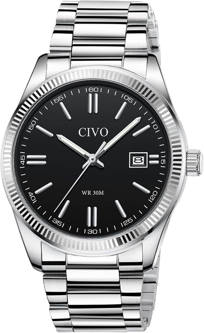 HOTCIVO Analog Mens Watches Silver: Wrist Watches with Date Easy to Read | Dress Stainless Steel Watch for Men, Gifts for Husband Father at Birthday Anniversary