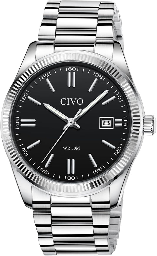 HOTCIVO Analog Mens Watches Silver: Wrist Watches with Date Easy to Read | Dress Stainless Steel Watch for Men, Gifts for Husband Father at Birthday Anniversary