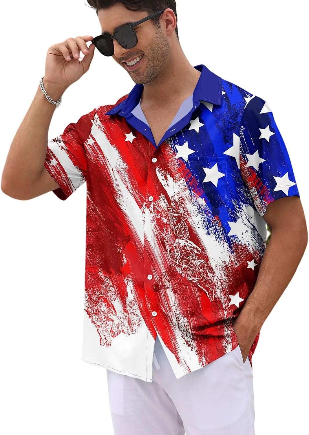 HOTWHO IN SHOP Men's 4th of July American Flag Patriotic Shirts Short Sleeve Button Up USA Memorial Day Shirts