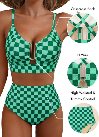 HOTHerseas Women's U Wire 2 Piece High Waisted Floral Print Bikini Sets | 2 Piece U Wire Cute Bikini Sets, Beach Vacation Crisscross Back Swimsuits, Removable Pad High Cut Bathing Suits for Women