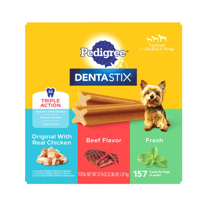 HOTPedigree Dentastix Small & Toy Breed Dog Dental Treats, Fresh, 102 Count | Triple action dental care, reduces tartar, cleans teeth, freshens breath, for dogs 7-22 lbs, no added sugar/fillers