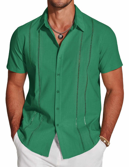 HOTCOOFANDY Men's Cuban Guayabera Shirt Short Sleeve Button Down Shirts Casual Summer Beach Linen Shirts