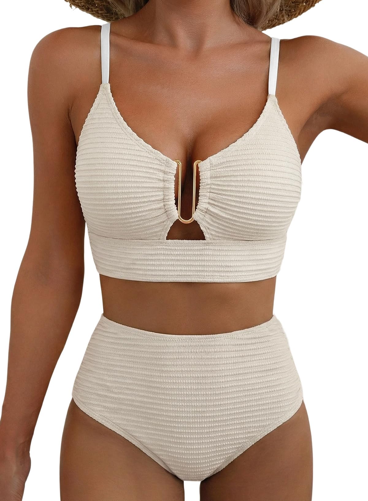 HOTHerseas 2 Piece Bikini Set U-Wire Cutout Popular Swimsuit High Waisted Textured 2026 Summer Beach Swim Bathing Suits