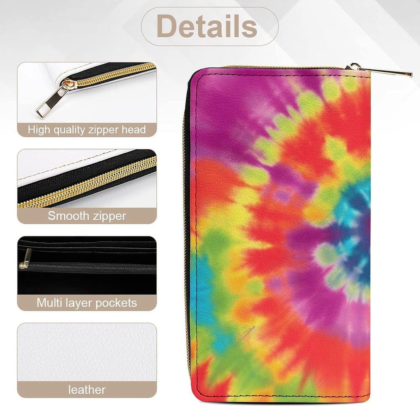 HOTTie Dye Rainbow Print Long Wallet for Women Men PU Leather Card Holder Organizer with Zipper Coin Pocket & Cash Slots