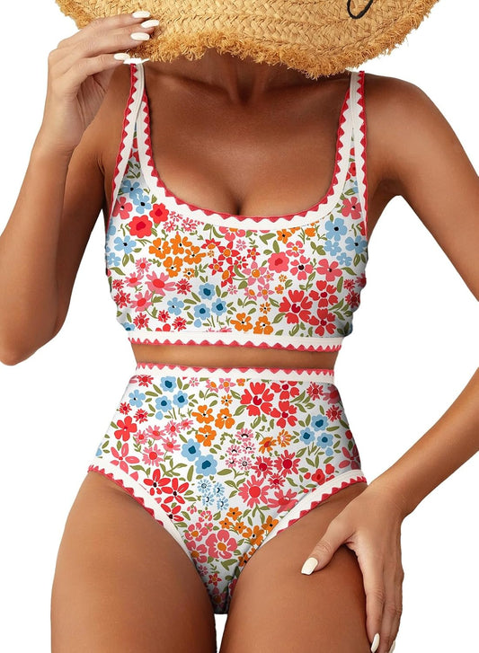 HOTHerseas Women's Bikini Sets Floral Print Whip Stitch 2 Piece Swimsuits High Waisted Scoop Bathing Suits