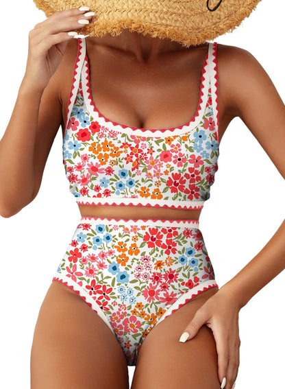 HOTHerseas Women's Bikini Sets Floral Print Whip Stitch 2 Piece Swimsuits High Waisted Scoop Bathing Suits