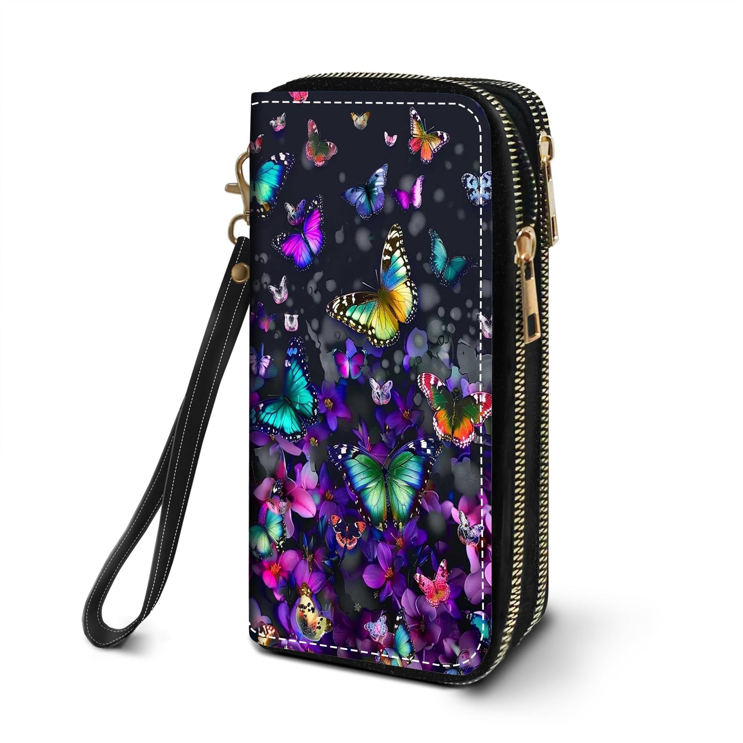 HOTWomen's Large Capacity Wallet PU Leather Double Zipper Clutch Purse Multifunctional Wallet with Removable Wristlet Strap for Smart Phone/Coin/Card/Cash, Flower Butterfly