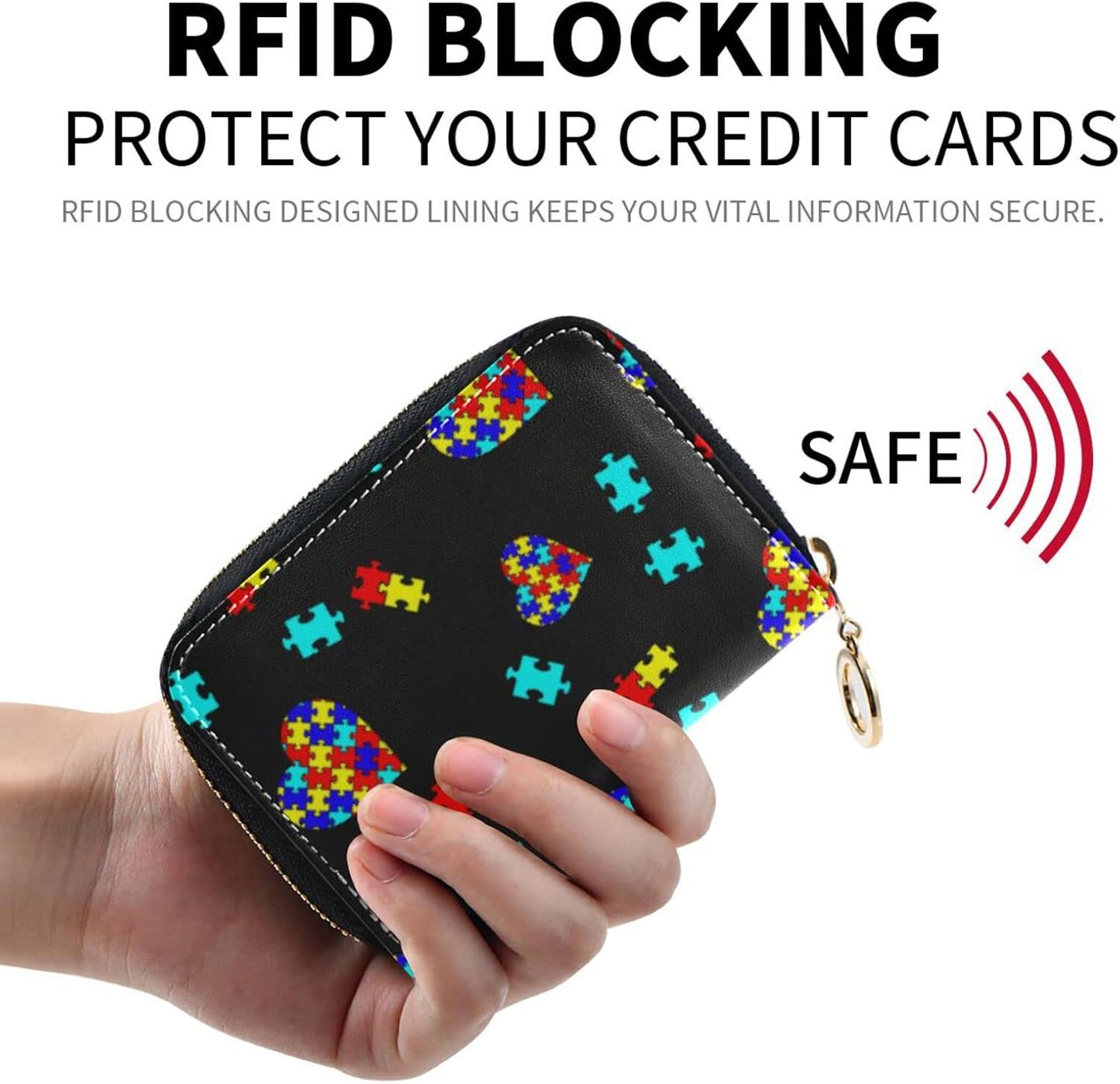 HOTAutism Awareness Puzzle Piece RFID Credit Card Holder Wallets Accordion for Women Leather Zipper Card Case Accordion Wallet for Ladies Girls
